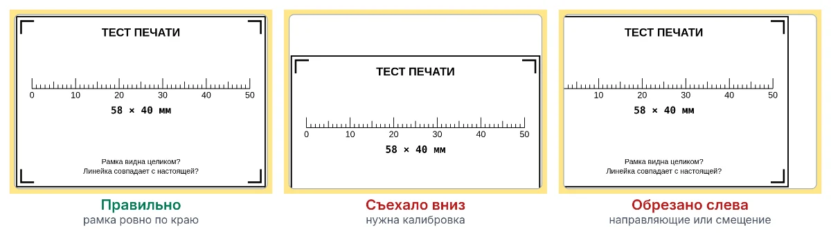 Три наклейки «Теста печати»: рамка ровно по краю, рамка съехала вниз, рамка обрезана слева